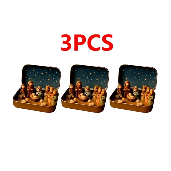 3pcs Mini Christmas Nativity Set Style B in Tin Box - Holy Family Figurines Religious Holiday Decor, Compact Nativity Scene Gift for Family, Festive Christian Christmas Decor, 2.36*3.74in