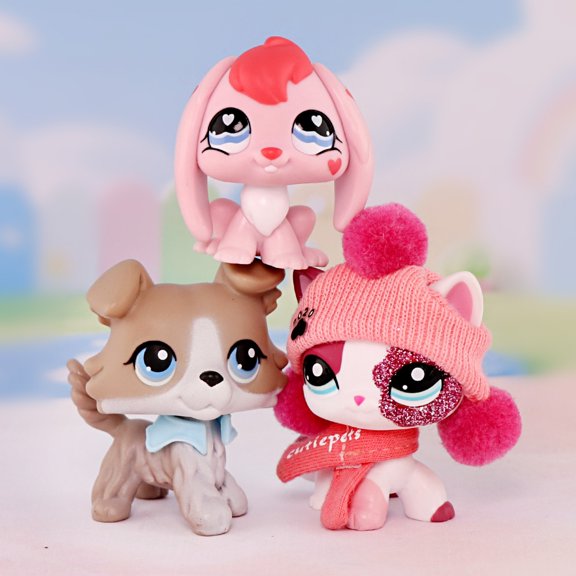 3pcs Mini Pet Toys Figurines Collie #67 Shorthair Cat #2291 Bunny Rabbit #557,Easter Gift for Kids