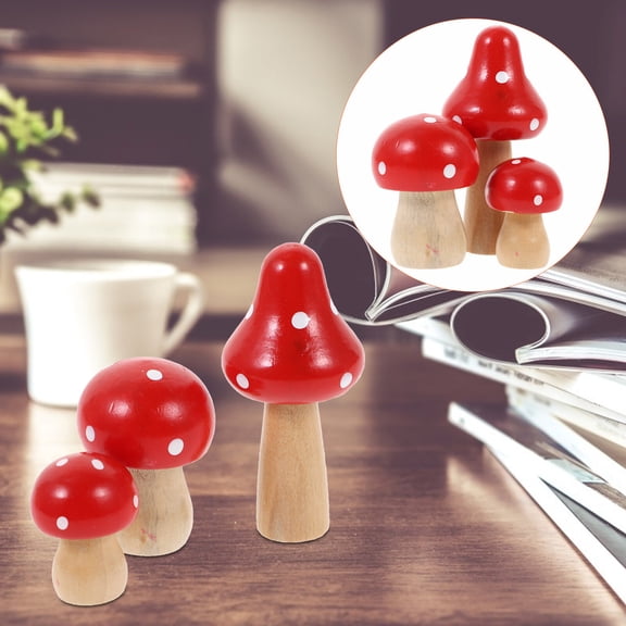 3pcs Miniature Mushroom Figurines Wooden Toadstools Accessories Landscape Red
