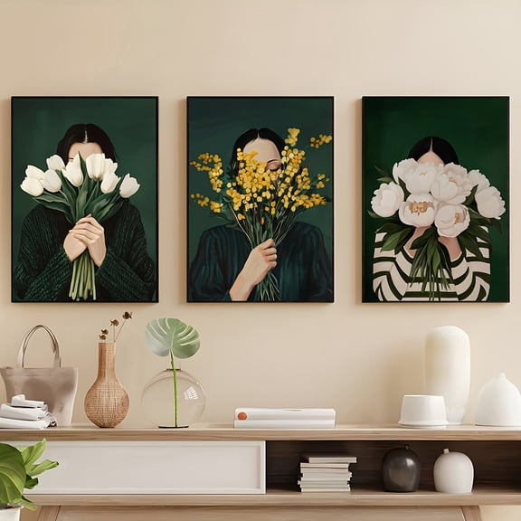 3pcs Minimalist Emerald Green Abstract People Canvas Art Prints, Waterproof Frameless Posters with Feminine Floral & Striped Designs, Modern Decor for Living Room, Bedroom, Office, Kitchen - Seasona