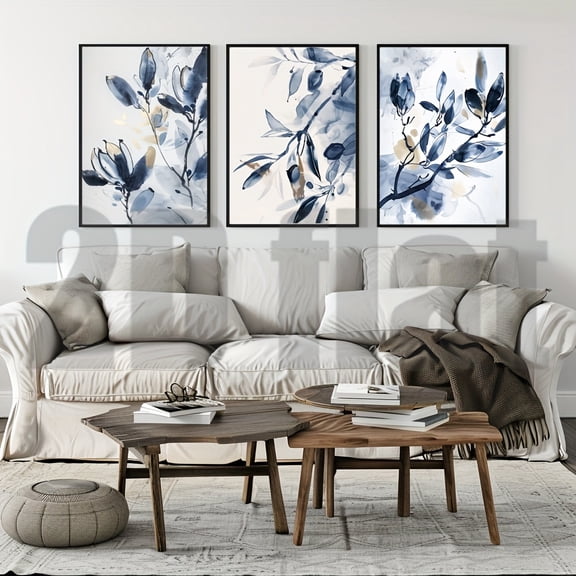 3pcs Minimalist Ink-Style Plant Canvas Triptych, Frameless Blue and Beige Wall Art, Retro Home Decor for Living Room, Bedroom, Office
