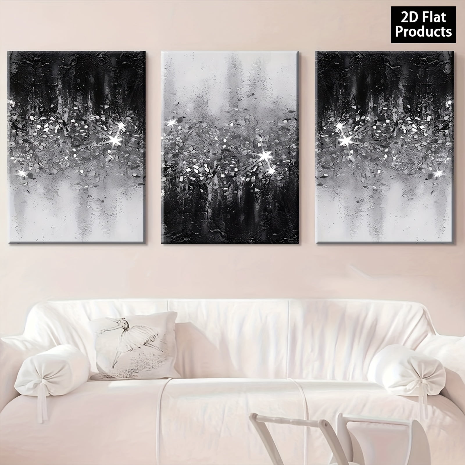 3pcs Modern Abstract Black & White Sparkling Wall Art | Framed Wrapped Canvas Paintings, Vertical Contemporary Shiny Decor Suitable for Living Room, Bedroom, Corridor - Ideal for Halloween,