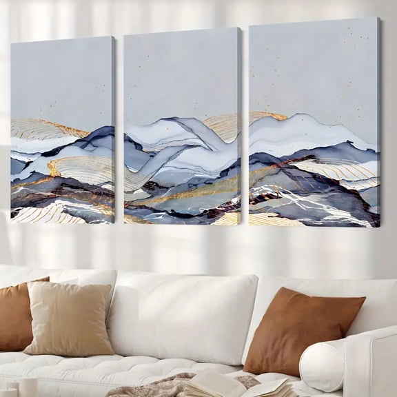 3pcs Modern Abstract Blue Gray Golden Beige White Golden Tone Canvas Wall Art Set - Large Horizontal Panels, Frameless Wrapped Canvas Paintings for Living Room, Bedroom, Hallway - Minimalist Neutral