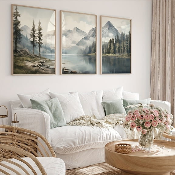 3pcs Modern Abstract Green Landscape Neutral Vintage Watercolor Mountains Lake Canvas Wall Art Prints, Nature Art Poster Prints, Modern Wall Art, Artwork for Living Room, Bedroom, Corridor, Dinning