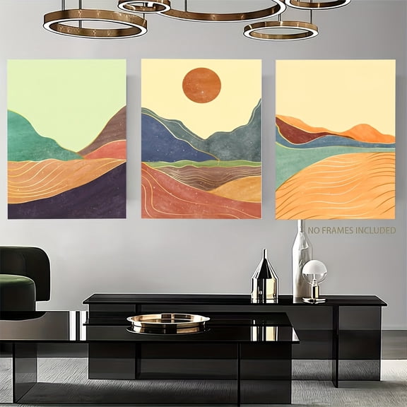 3pcs Modern Abstract Mountain Landscape Canvas Wall Art Set - 2D Flat Frameless Triptych in Earthy Tones (Green, Orange, Yellow, Brown, ) - Minimalist, Office Decor - Durable & Easy to Hang, Living