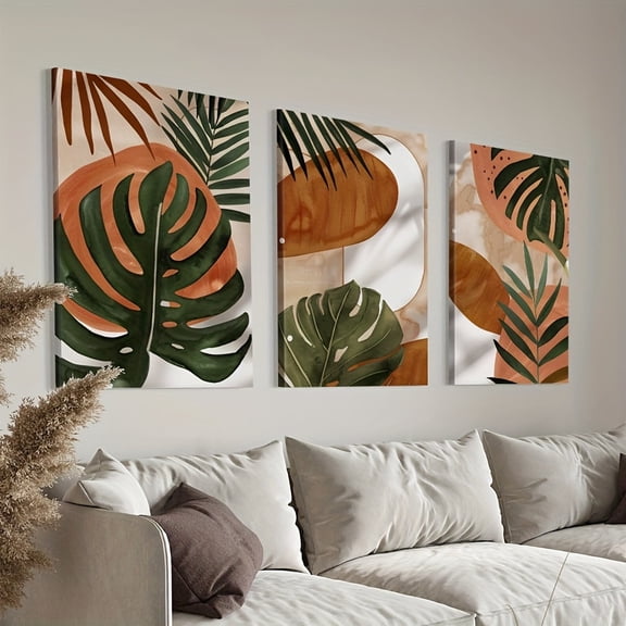 3pcs Modern Bohemian Abstract Leaf Canvas Art Prints – Premium Unframed Wall Decor for Living Room, Bedroom, or Hallway – Tropical Monstera & Palm Leaf Design in Green, Brown, and Orange – Ideal Gif