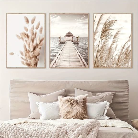 3pcs Modern Bohemian Style Maldives Sea View and Pampas Grass Canvas Art Prints - Unframed Wall Decor, Suitable for Living Room, Bedroom or Office - Neutral Beige and Brown Tones, Minimalist Aesthet