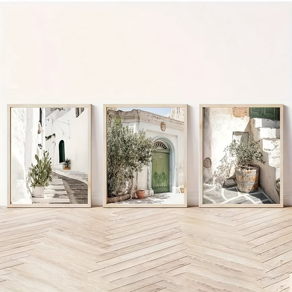 3pcs Modern Boho Green Olive Tree Canvas Wall Art Set - Frameless, Portrait Orientation for Living Room Decor