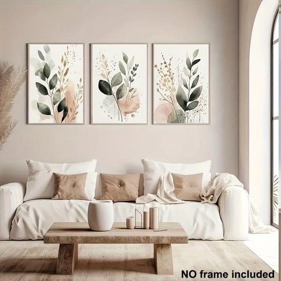 3pcs Modern Botanical Canvas Prints - Frameless Wall Art with Elegant Leaf & Flower Designs in Soft Pastel Tones, Perfect for Living Room, Bedroom, Office, or Kitchen Decor, Indoor Wall Decor | Bota
