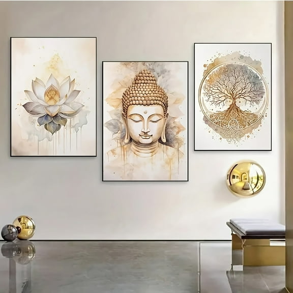 3pcs Modern Buddha and Lotus Flower Wall Art - Frameless Canvas Poster Prints for Living Room, Indoor Portrait Orientation, Spiritual Theme Decor