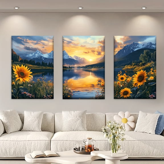 3pcs Modern Classic Abstract Sunflower & Mountain Lake Canvas Wall Art Set - Frameless Horizontal Triptych Paintings, Yellow Green Blue Nature Landscape Prints for, Bedroom, Office Decor - Ideal Hou