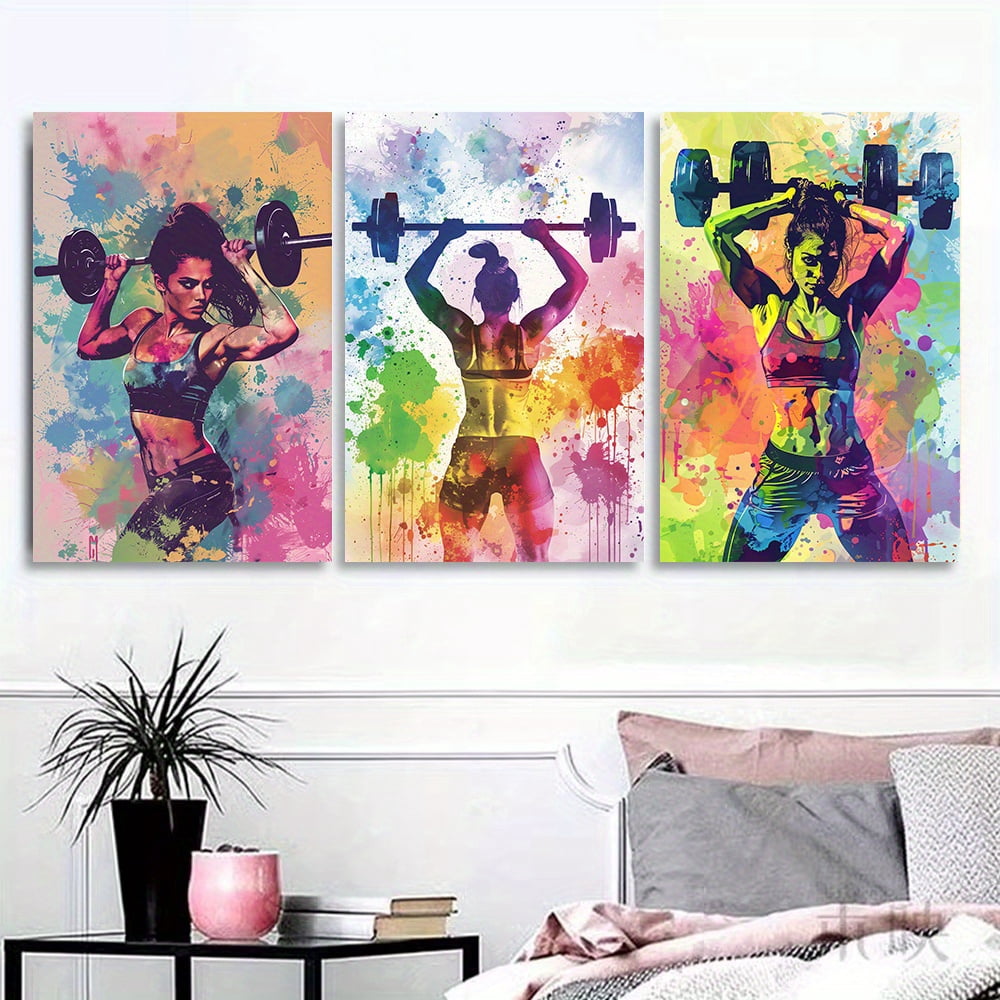 3pcs Modern Female Weightlifting Wall Art Set - Large Horizontal Framed/Frameless Canvas Paintings (40x60cm/15.75x23.62in) - Female Power Gym Art, Boho Modern Decor for Living Room, Bedroom - Perfec