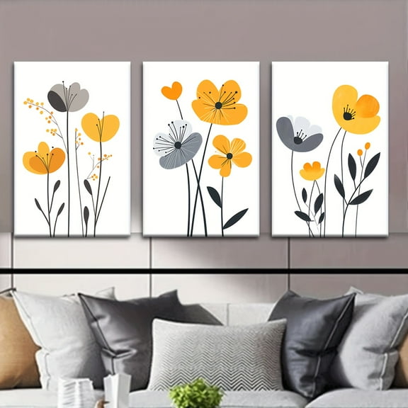 3pcs Modern Floral Canvas Art Set - Unframed, Abstract Flower Design in Yellow, Gray, and Black - Ideal for Living Room, Office, Cafe - Great Gift for Birthdays, Holidays, Valentine's Day, 2D, Perfe