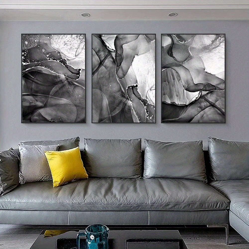 3pcs Modern Gray and Black Marble Abstract Canvas Art Prints – Frameless Wall Decor for Living Room, Bedroom, or Office, Contemporary Nordic Style