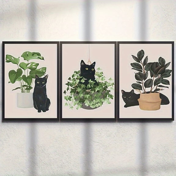 3pcs Modern Minimalist Black Cat & Botanical Art Prints - Vibrant Monstera, Spider Plant & Rubber Plant Wall Decor for Cat & Plant Lovers, Unframed Nature-Inspired Living Room or Office Decor, Cat D