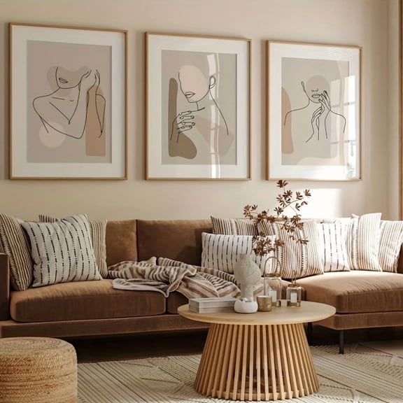 3pcs Modern Minimalist Woman Line Art Canvas Prints - Frameless Boho Face Sketch Wall Decor for Apartment, Room, or Living Space, Polyester Material, Neutral Tones, Perfect for Contemporary Home Aes