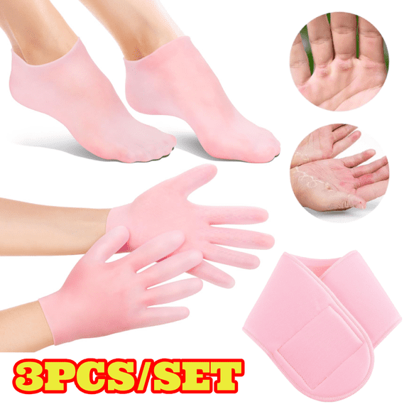 3pcs Moisturizing Gloves Socks Neck Strap Set, Silicone Neck Mask for Reducing Necklines, Silicone Gel Spa Socks for Dry Cracked Skin