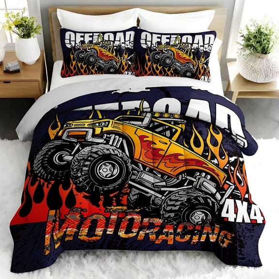 3pcs Monster Truck Comforter Set, OffRoad Bedding Set for Bedroom or Guest Room Decor, All Seasons Quilt Machine Washable Duvet with 2 Pillowcases