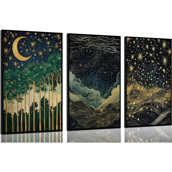 3pcs Moon Celestial Wall Art Fantasy Starry Sky Posters Prints Clouds and stars Painting Pictures Vintage Forest Landscape Nature Canvas Wall Decor for Bedroom, Living Room Unframed