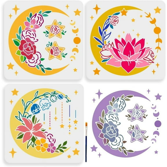 3pcs Moon Flower Stencil 11.811.8inch Large Floral Moon Phase Star Stencils with Paint Brush Dreamy Lotus Flower Crescent Moon Template for DIY Craft Furniture Wood Canvas Paper