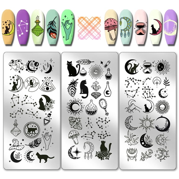 3pcs Moon Stars Pattern Nail Stamp Plate Cute Cat Shape Print Art Template Stainless Steel Nail Image Plate Sun Pattern Nails Art 4.7x2.3 inch