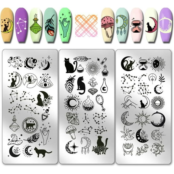 3pcs Moon Stars Pattern Nail Stamp Plate Cute Cat Shape Print Art Template Stainless Steel Nail Image Plate Sun Pattern Nails Art Stencils for Women DIY Printing 4.7x2.3 inch