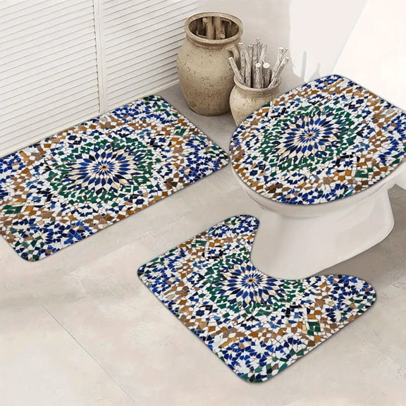 3pcs Moroccan Mosaic Set - Super Soft Non-Slip Absorbent Floor Mats with Green/Beige/Blue/Red/Beige Zellige Design, Plush -like & Polypropylene Backing for Bathroom, Shower, Bedside - Traditional Mor