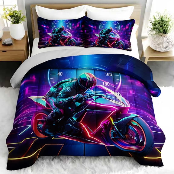 3pcs Motorcycle Racing Comforter Set, Neon Speedster Bedding Set for Bedroom or Guest Room Decor, All Seasons Quilt Machine Washable Duvet with 2 Pillowcases
