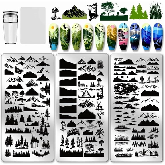 3pcs Mountains Nail Stamping Plate Nature Nail Art Templates Plant Tree Lake Moon DIY Image Stamping Plates Tool Stencils Creative Craft