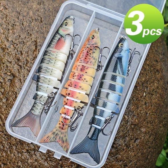 3pcs Multi-Joint Fishing Lures Set, ABS Hard Bait with UV Reflective Coating, Assorted Colors, Freshwater Saltwater Compatible, Tackle Box Included