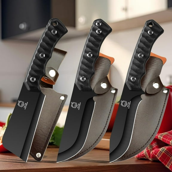 3pcs Multi-functional Kitchen Knife with Exquisite Sheath Cover. Stainless Steel Black Blade Knife with Ergonomic Handle. Suitable Home Cooking and Outdoor Pinic