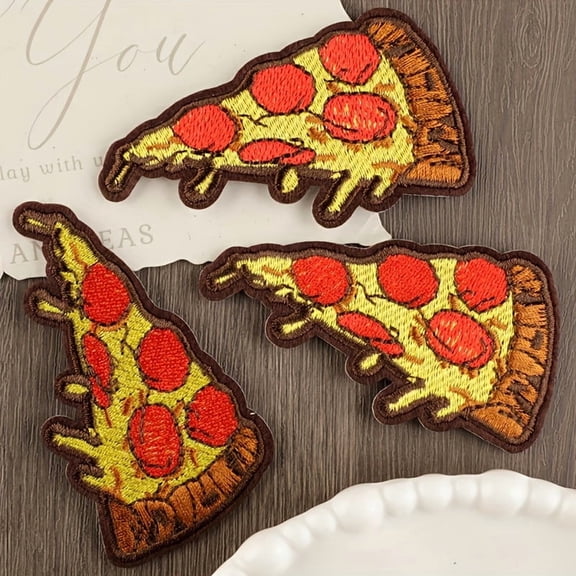 3pcs Multicolor Pizza Pattern Embroidered Fabric Stickers, Cartoon Style Iron-On Patches for Clothes, Bags, Shoes, Hats, and Home Decor