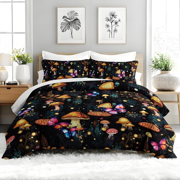 3pcs Mushroom Butterfly Comforter Set, Whimsical Bedding Set for Bedroom or Guest Room Decor, All Seasons Quilt Machine Washable Duvet with 2 Pillowcases