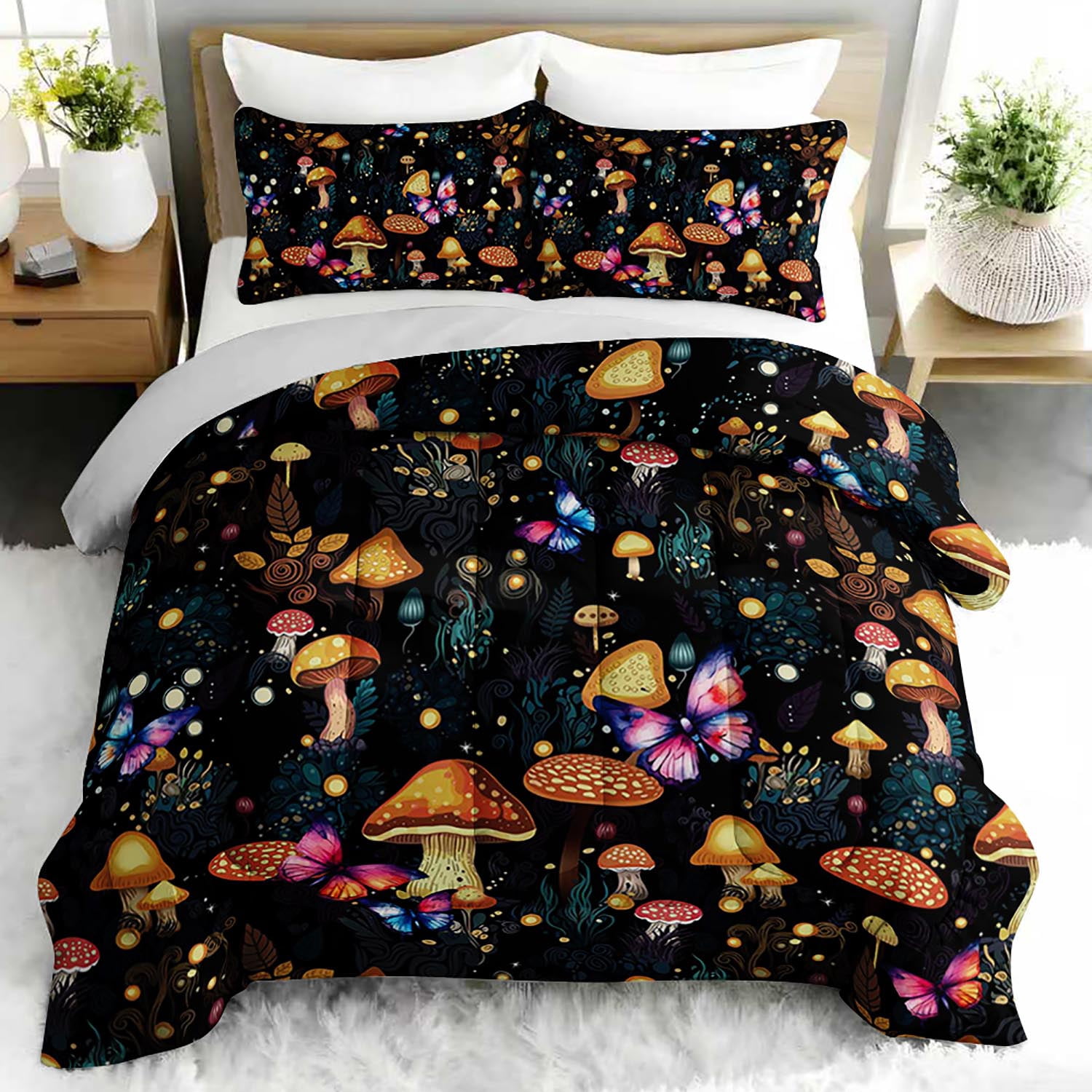 3pcs Mushroom Butterfly Comforter Set, Whimsical Bedding Set for Bedroom or Guest Room Decor, All Seasons Quilt Machine Washable Duvet with 2 Pillowcases
