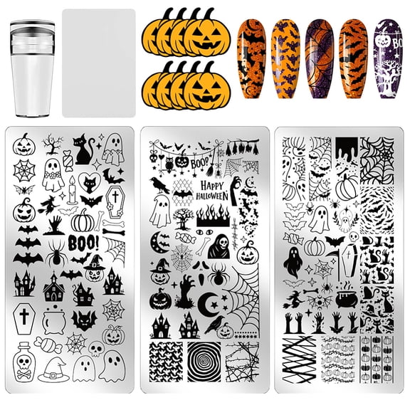 3pcs Nail Stamp Plate Ghosts Pumpkins Pattern Print Art Template Stainless Steel Bats Pattern Nail Image Plate for Women Nails Decoration 4.7x2.3 inch