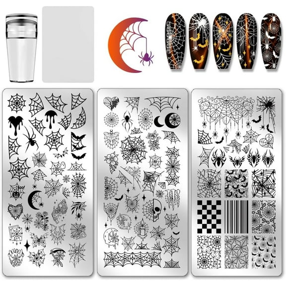 3pcs Nail Stamp Plate Spider Web Pattern Print Art Template Stainless Steel Nail Image Plate Spider Nails Stencil
