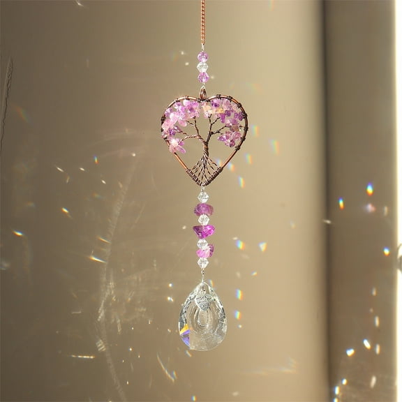 3pcs Natural Amethyst Chip Wrapped Heart with Tree of Life Hanging Ornaments Glass Teardrop Tassel Suncatchers for Home Outdoor Decoration 380mm