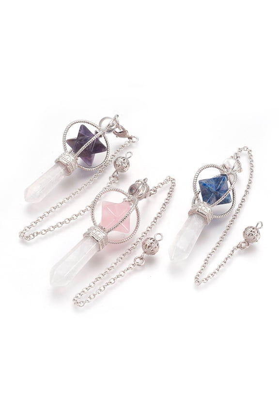 3pcs Natural Gemstone Dowsing Pendulums with Platinum Tone Brass Findings Star 257mm Hole: 2mm
