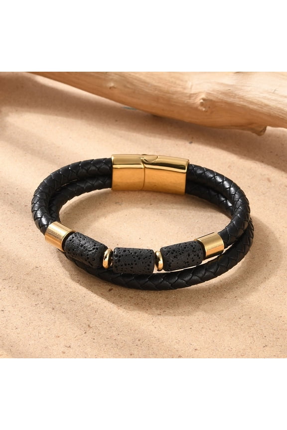 3pcs Natural Lava Rock Bead Leather Cord Multi-strand Bracelets with Ion Plating(IP) 304 Stainless Steel Magnetic Clasps for Men Women Golden 8-3/8 inch(21.2cm)