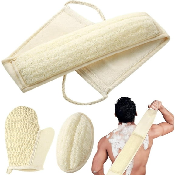 3pcs Natural Loofah Sponge, Exfoliating Body Scrubber for Men Women, Loofah with Handle, Exfoliating Back Scrubber for Shower, Deeply Clean