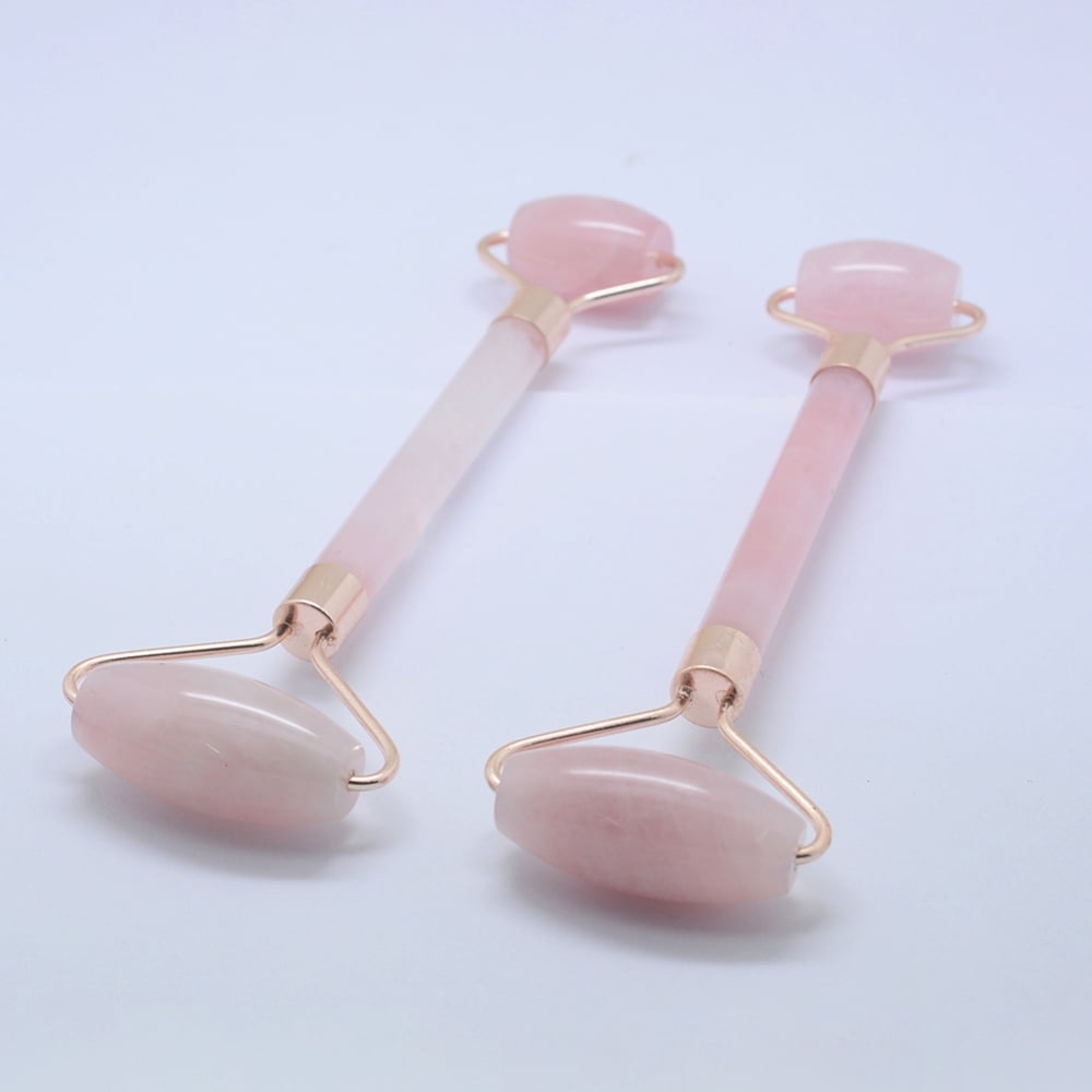 3pcs Natural Rose Quartz Massage Tools Facial Rollers with Alloy Findings 14.5~15.5x5.1~5.5x1.8~2cm