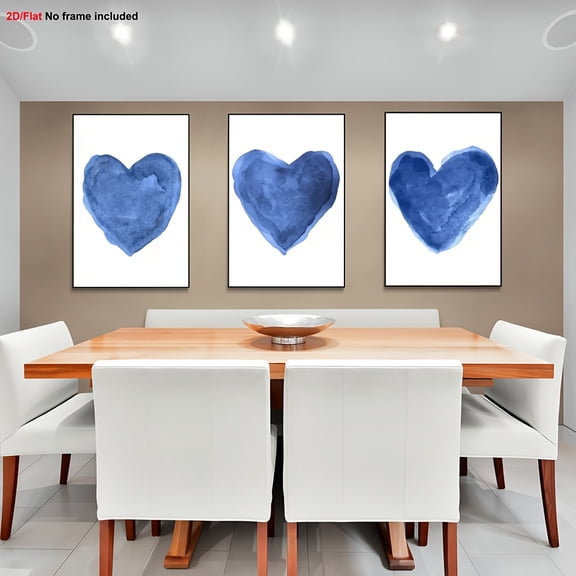 3pcs Navy Blue & Sky Blue Abstract Heart Wall Art Set - Modern Minimalist Navy Blue Canvas Prints, Frameless Large Wall Decor for Living Room, Bedroom, Cafe - Bohemian Home Decor with White Backgrou