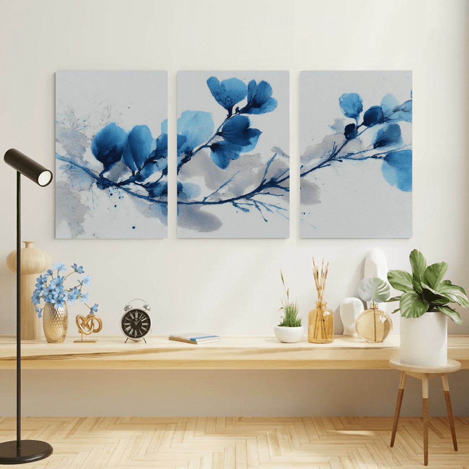 3pcs Navy Blue Watercolor Floral Canvas Print Set, Modern Fashion Art ...