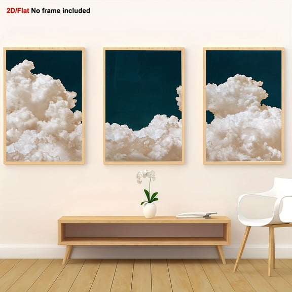 3pcs Navy Blue & White Clouds Canvas Wall Art Set - Modern Boho Turquoise Sky Paintings, Large Beige & Dark Blue Cloud Texture Panels for Living Room Decor, 2D Flat, Perfect for Room Decor, Wall Art