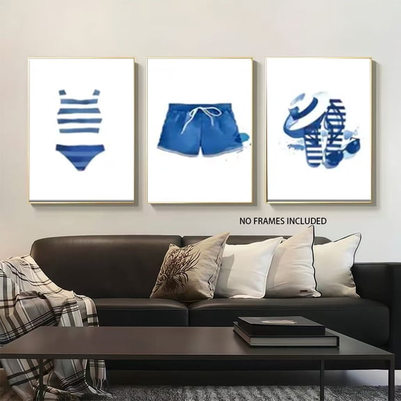 3pcs Navy & White Swimwear Beach Scenes Canvas Art Prints - Frameless Coastal Bathroom Aesthetic Posters for Bedroom, Living Room, Kitchen Decor - Modern to Classic Swimwear Illustrations, Swimsuit