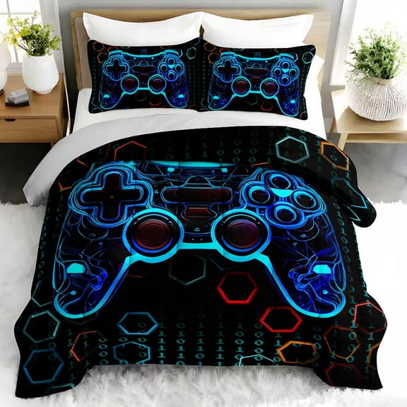3pcs Neon Gamer Controller Comforter Set, Futuristic Bedding Set for Bedroom or Guest Room Decor, All Seasons Quilt Machine Washable Duvet with 2 Pillowcases