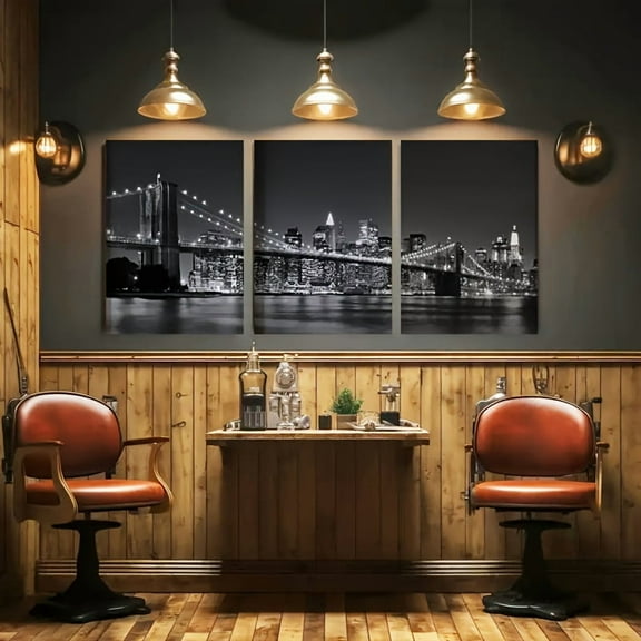 3pcs New York City Skyline Wall Art Set - Black & White Frameless Canvas Prints, Modern Minimalist Triple Panel Manhattan Night View Paintings with Brooklyn Bridge & One World Trade Center, Easy-Han