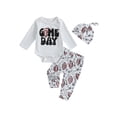thumbnail image 1 of 3pcs Newborn Baby Boys Pants Set Letters Print Short Sleeve Romper Tops + Rugby Print Pants + Hat, 1 of 8