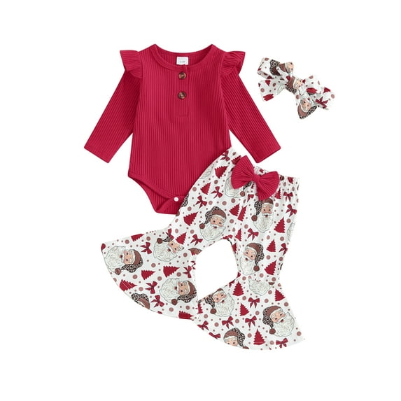 3pcs Newborn Baby Girl Christmas Clothes Long Sleeve Ruffle Ribbed Romper + Santa Claus Flare Pants+ Headband