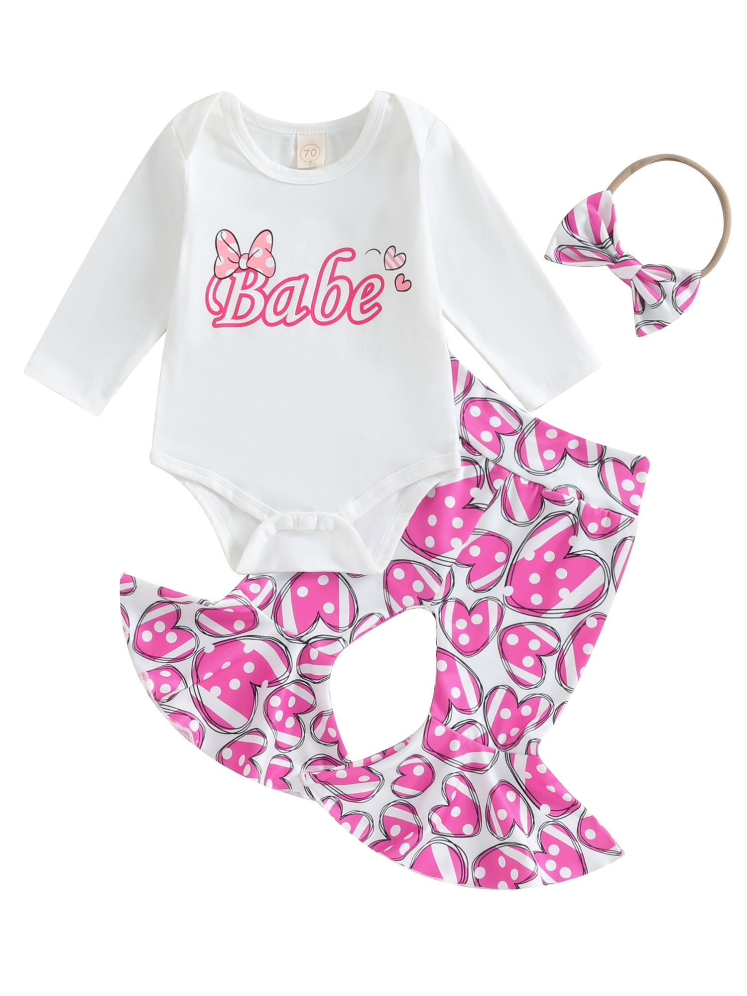 3pcs Newborn Baby Girl Pants Set Long Sleeve Romper Tops + Heart Print Flare Trousers + Headband